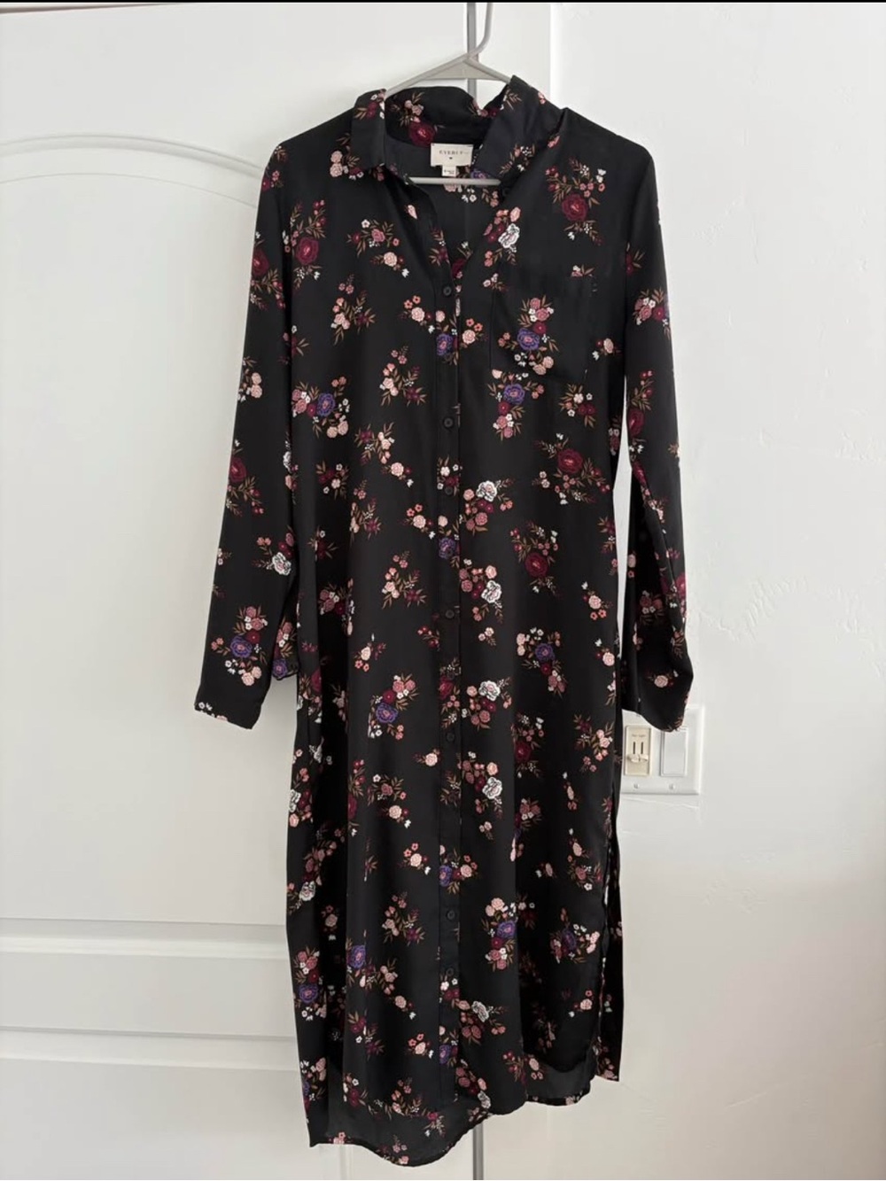 Floral Button-Front Long Sleeve Shirt Dress - Black with Pink & Purple Flowers